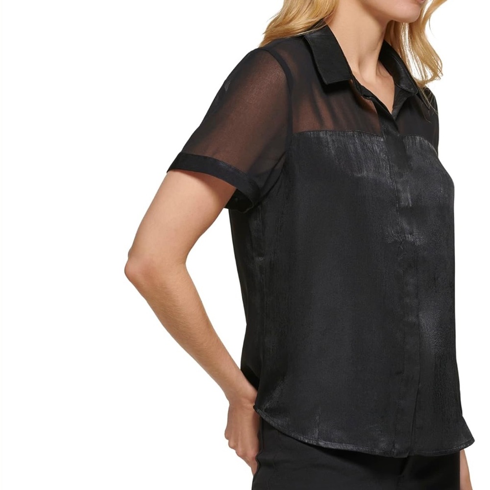 DKNY Black Casual Button Down Shirt Sheer Design. Size‎ Large. NWT